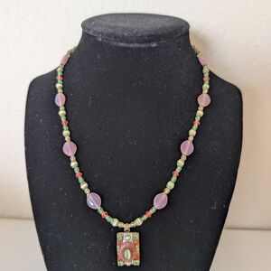 Michal Golan Artisan Beaded Necklace with Green and Pink Accents